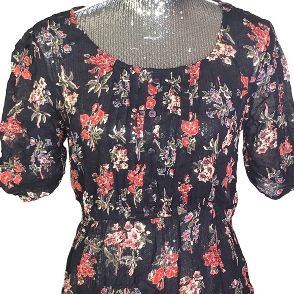 isabella bird sheer dress black floral pull on size Medium ruffle bottom - Picture 5 of 5